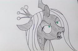 Size: 2048x1361 | Tagged: safe, artist:polar_storm, derpibooru import, queen chrysalis, changeling, changeling queen, angry, bust, crown, fangs, female, green eyes, jewelry, mare, monochrome, neo noir, partial color, regalia, simple background, sketch, solo, traditional art, white background