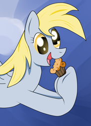 Size: 2488x3432 | Tagged: safe, alternate version, artist:almaustral, derpibooru import, derpy hooves, pegasus, pony, abstract background, bust, colored, eyelashes, female, food, grayscale, hoof hold, mare, monochrome, muffin, open mouth, smiling, solo