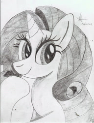 Size: 851x1109 | Tagged: safe, artist:almaustral, derpibooru import, rarity, pony, unicorn, bust, eyelashes, female, grayscale, mare, monochrome, signature, smiling, solo, traditional art