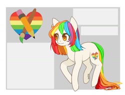 Size: 1280x975 | Tagged: safe, artist:helemaranth, derpibooru import, oc, oc only, earth pony, pony, abstract background, earth pony oc, heart, multicolored hair, paintbrush, pencil, rainbow hair, signature, solo