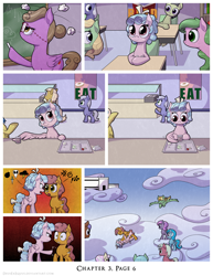 Size: 1200x1552 | Tagged: safe, artist:deusexequus, derpibooru import, cozy glow, pegasus, pony, comic:fix, bully, censored vulgarity, classroom, eat, female, fight, filly, paper, pushing, school, stealing, tray