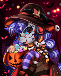 Size: 2550x3209 | Tagged: safe, artist:pridark, derpibooru import, part of a set, oc, oc only, oc:cinnabyte, earth pony, pony, candy, clothes, commission, cute, female, food, gamer, halloween, hat, headset, high res, holiday, jack-o-lantern, mare, ocbetes, open mouth, pumpkin, socks, solo, striped socks, witch hat, ych result