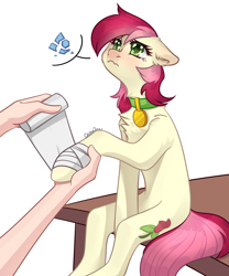 Size: 2500x3000 | Tagged: safe, artist:chibadeer, derpibooru import, roseluck, earth pony, human, pony, bandage, behaving like a cat, broken vase, chest fluff, collar, crying, cute, featured image, female, fluffy, hand, mare, offscreen character, offscreen human, pet tag, pony pet, rosepet, sad, sadorable, sitting