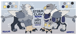 Size: 3000x1382 | Tagged: safe, artist:dino_horse, oc, oc:storm claw, griffon, armor, harpy eagle, large, reference sheet, solo