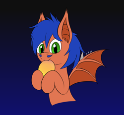 Size: 2960x2742 | Tagged: safe, artist:wapamario63, oc, oc only, oc:griffin, bat pony, pony, bat ponified, bat wings, food, gradient background, half body, male, mango, solo, stallion, ych result, your character here