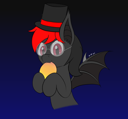 Size: 2960x2742 | Tagged: safe, artist:wapamario63, oc, oc only, bat pony, pony, bat ponified, bat wings, food, gradient background, half body, male, mango, solo, stallion, ych result, your character here