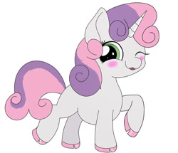 Size: 750x645 | Tagged: safe, artist:orcinuspony, derpibooru import, sweetie belle, pony, unicorn, :p, blank flank, blush sticker, blushing, cloven hooves, colored hooves, cute, female, filly, horn, mlem, one eye closed, raised hoof, silly, simple background, smiling, solo, tongue out, white background, wink