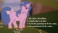 Size: 931x532 | Tagged: safe, derpibooru import, edit, edited screencap, screencap, g1, my little pony 'n friends, a more humane mikado, bow, cropped, gilbert and sullivan, horseshoes, lyrics, song reference, tail bow, text, the golden horseshoes, the mikado