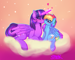 Size: 1611x1304 | Tagged: safe, artist:aaa-its-spook, derpibooru import, rainbow dash, twilight sparkle, twilight sparkle (alicorn), alicorn, pegasus, pony, abstract background, blushing, cloud, eyes closed, female, heart, imminent kissing, lesbian, mare, noseboop, nuzzling, shipping, size difference, twidash