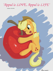 Size: 1200x1600 | Tagged: safe, artist:nucke23, derpibooru import, applejack, earth pony, pony, 4chan, apple, cute, drawthread, f, female, food, giant apple, hug, jackabetes, mare, meme, one eye closed, open mouth, shrek is love shrek is life, solo, that pony sure does love apples