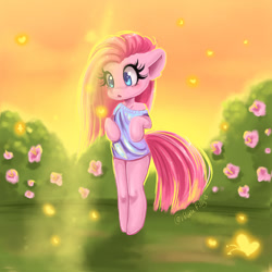 Size: 1000x1000 | Tagged: safe, artist:valeria_fills, derpibooru import, pinkie pie, earth pony, pony, bush, clothes, digital art, female, flower, hooves, mare, pinkamena diane pie, solo, tail