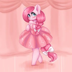 Size: 1000x1000 | Tagged: safe, artist:valeria_fills, derpibooru import, pinkie pie, earth pony, pony, semi-anthro, blushing, clothes, commission, digital art, dress, female, looking at you, mare, pinkamena diane pie, solo, tail, ych result
