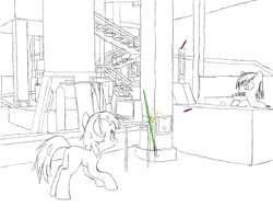 Size: 1280x1024 | Tagged: safe, derpibooru import, pony, factory, lightsaber, lineart, star wars, weapon