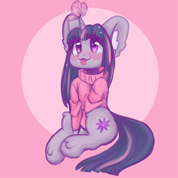 Size: 800x800 | Tagged: safe, artist:valeria_fills, derpibooru import, twilight sparkle, unicorn twilight, butterfly, pony, unicorn, :p, blushing, clothes, commission, cute, cutie mark, digital art, female, hooves, horn, mare, simple background, sitting, solo, sweater, tail, tongue out, twiabetes