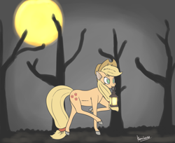 Size: 2293x1873 | Tagged: safe, artist:kamikazelenna, derpibooru import, applejack, earth pony, pony, dark background, female, fog, full moon, halloween, holiday, lantern, mare, moon, moonlight, night, realistic anatomy, realistic horse legs, tree