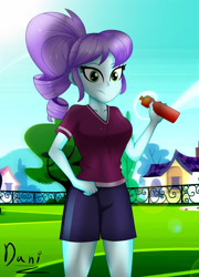 Size: 2385x3307 | Tagged: safe, artist:danielitamlp, artist:pyr0t3ck, derpibooru import, crystal lullaby, equestria girls, breasts, clothes, crystal prep academy, crystal prep academy uniform, female, fence, high res, house, looking at you, not my art, shirt, shorts, signature, soccer field, solo, tree, water bottle