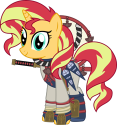 Size: 3012x3220 | Tagged: safe, artist:sketchmcreations, derpibooru import, sunset shimmer, pony, unicorn, bandages on wrist, clothes, cosplay, costume, female, hat, hyrule warriors, impa, katana, kunai, mare, ninja, sheikah, shin guards, simple background, sword, the legend of zelda, the legend of zelda: breath of the wild, transparent background, vector, weapon