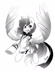 Size: 1583x2048 | Tagged: safe, artist:nekoshiei, derpibooru import, oc, oc only, oc:cynosura, pegasus, pony, armor, battle saddle, clothes, monochrome, simple background, solo, white background, wings