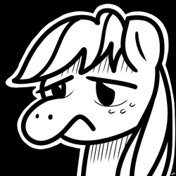 Size: 1512x1512 | Tagged: safe, artist:docwario, derpibooru import, applejack, earth pony, pony, black background, jacktober, monochrome, sad, simple background