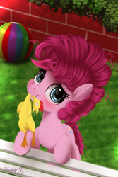 Size: 3000x4500 | Tagged: safe, artist:darksly, derpibooru import, pinkie pie, earth pony, pony, female, filly, high res, looking at you, mouth hold, rubber chicken, solo