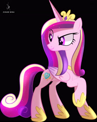 Size: 3417x4309 | Tagged: safe, artist:zidanemina, derpibooru import, princess cadance, alicorn, pony, black background, cutie mark, female, high res, looking back, mare, raised hoof, simple background, smiling, solo