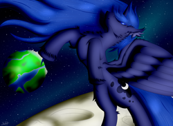 Size: 3392x2481 | Tagged: safe, artist:thebenalpha, derpibooru import, princess luna, alicorn, pony, equestria, feels, moon, solo, space, space background, wings