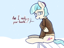 Size: 1706x1271 | Tagged: safe, artist:pinkberry, derpibooru import, coco pommel, earth pony, pony, bench, clothes, cold, crying, female, jacket, mare, outdoors, snow, snowfall, solo, speech, talking, tears of joy, text