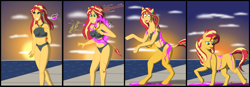 Size: 5733x2000 | Tagged: safe, artist:physicrodrigo, derpibooru import, part of a set, sunset shimmer, pony, unicorn, equestria girls, beach, belly button, bikini, blank flank, breasts, clothes, commission, disappearing clothes, dismay, dna, dock, dripping, dropping, ear piercing, earring, erect nipples, female, geode of empathy, grin, gritted teeth, high res, hitting, human to pony, jewelry, looking at self, looking down, looking up, magical geodes, mare, midriff, nipple outline, ocean, open mouth, piercing, potion, puddle, raised hoof, shocked, shrunken pupils, smiling, solo, splashing, sun, sunset, sunset jiggler, surprised, swimsuit, thrown, transformation, transformation sequence, vial, walking, walkway, wet, wide eyes