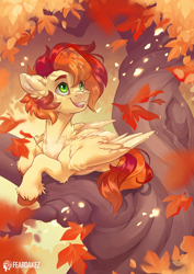 Size: 1060x1500 | Tagged: safe, artist:kez, derpibooru import, oc, oc only, pegasus, pony, autumn, leaves, solo, tree