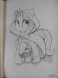 Size: 1280x1707 | Tagged: safe, artist:taurson, derpibooru import, starlight glimmer, pony, unicorn, basket, clothes, hood, monochrome, red riding hood, solo, traditional art