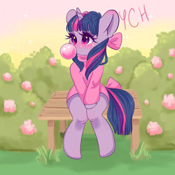 Size: 800x800 | Tagged: safe, artist:valeria_fills, derpibooru import, twilight sparkle, unicorn twilight, pony, unicorn, blushing, bow, bubblegum, clothes, commission, cute, female, food, gum, mare, shirt, sitting, solo, tail bow, twiabetes, ych example, your character here