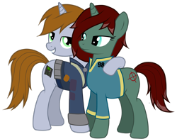 Size: 2768x2167 | Tagged: safe, artist:jennieoo, derpibooru import, oc, oc only, oc:littlepip, oc:snipey, unicorn, fallout equestria, group, happy, hug, simple background, smiling, transparent background