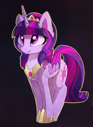 Size: 1280x1753 | Tagged: safe, artist:magnaluna, derpibooru import, edit, twilight sparkle, twilight sparkle (alicorn), alicorn, pony, alternate hairstyle, cute, female, heart eyes, hoof shoes, horn, jewelry, mare, peytral, smiling, solo, tiara, twiabetes, wingding eyes, wings