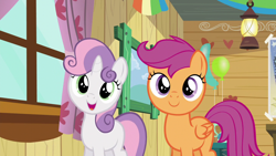 Size: 1280x720 | Tagged: safe, derpibooru import, screencap, scootaloo, sweetie belle, pegasus, pony, unicorn, bloom and gloom, clubhouse, crusaders clubhouse, female, filly