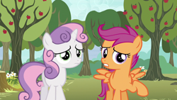 Size: 1280x720 | Tagged: safe, derpibooru import, screencap, scootaloo, sweetie belle, pegasus, pony, unicorn, bloom and gloom, apple, apple tree, female, filly, tree, tree stump