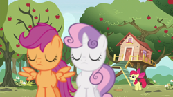 Size: 1280x720 | Tagged: safe, derpibooru import, screencap, apple bloom, scootaloo, sweetie belle, earth pony, pegasus, pony, unicorn, bloom and gloom, apple, apple tree, clubhouse, crusaders clubhouse, female, filly, tree