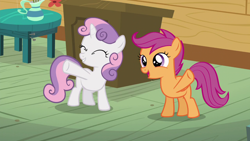 Size: 1280x720 | Tagged: safe, derpibooru import, screencap, scootaloo, sweetie belle, pegasus, pony, unicorn, bloom and gloom, clubhouse, crusaders clubhouse, female, filly