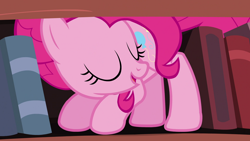 Size: 1280x720 | Tagged: safe, derpibooru import, screencap, pinkie pie, earth pony, pony, pinkie apple pie, book, bookshelf, female, mare, solo