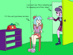Size: 1878x1408 | Tagged: safe, artist:bugssonicx, derpibooru import, coco pommel, suri polomare, equestria girls, bomb, clothes, crying, crystal prep academy uniform, damsel in distress, dynamite, explosives, leaving, peril, school uniform, shoes, story included, tied to chair, tied up, tnt, weapon
