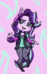 Size: 1239x1945 | Tagged: safe, artist:ameliacostanza, derpibooru import, starlight glimmer, equestria girls, mirror magic, spoiler:eqg specials, beanie, boots, clothes, cute, female, glimmerbetes, hat, open mouth, pants, ponied up, shirt, shoes, solo, torn clothes, vest, watch, wristwatch