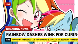 Size: 1280x720 | Tagged: safe, artist:ryuu, color edit, derpibooru import, edit, editor:michaelsety, rainbow dash, human, pegasus, pony, equestria girls, anime, blushing, break your own news, breaking news, clothes, colored, cute, dashabetes, female, human coloration, human ponidox, jacket, light skin edit, looking at you, mare, one eye closed, open mouth, self ponidox, simple background, skin color edit, whitewashing, wink, wristband