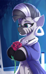 Size: 1250x2000 | Tagged: safe, artist:shadowreindeer, derpibooru import, zecora, semi-anthro, zebra, amanda, clothes, cute, detroit: become human, ear piercing, earring, ears, female, floppy ears, flower, jacket, jewelry, lidded eyes, mare, piercing, rose, solo, zecorable