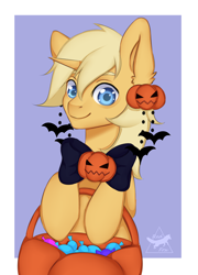 Size: 2514x3500 | Tagged: safe, artist:asyaredfox, derpibooru import, oc, oc only, oc:sunlight bolt, pony, unicorn, commission, halloween, holiday, looking at you, pumpkin, simple background, ych result