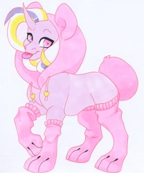 Size: 2537x3056 | Tagged: safe, artist:frozensoulpony, derpibooru import, oc, oc:cystole, pony, unicorn, clothes, costume, hoodie, kigurumi, male, paw gloves, solo, stallion, tongue out, traditional art