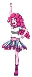Size: 1512x3552 | Tagged: safe, artist:artemis-polara, derpibooru import, pinkie pie, equestria girls, belly button, clothes, excited, fist in the air, geode of sugar bombs, magical geodes, open mouth, shirt, shoes, simple background, skirt, smiling, solo, transparent background