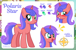 Size: 1200x798 | Tagged: safe, artist:jennieoo, derpibooru import, oc, oc:polaris star, unicorn, female, happy, laughing, mare, reference, reference sheet, shy, smiling, solo