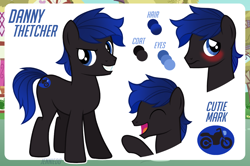 Size: 1200x798 | Tagged: safe, artist:jennieoo, derpibooru import, oc, oc:danny thetcher, earth pony, commission, cool, happy, laughing, reference sheet, sheet, shy, smiling, solo