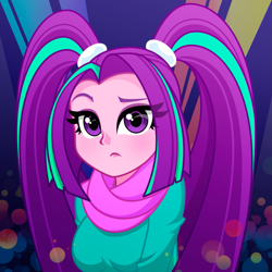 Size: 905x905 | Tagged: safe, artist:rosemile mulberry, derpibooru import, aria blaze, equestria girls, ariabetes, blushing, bust, clothes, cute, female, pigtails, raised eyebrow, scarf, solo, transparent hair, twintails