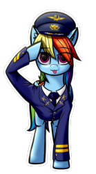 Size: 723x1302 | Tagged: safe, alternate version, artist:colourwave, derpibooru import, rainbow dash, pegasus, pony, :p, aeroflot logo, clothes, cute, female, hammer and sickle, looking at you, mlem, o7, pilot, salute, silly, simple background, solo, sticker, tongue out, transparent background, uniform