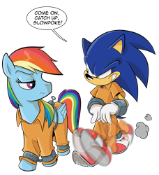 Size: 731x800 | Tagged: safe, artist:boscoloandrea, derpibooru import, rainbow dash, pegasus, pony, bashing, bound wings, clothes, cuffs, duo, prison outfit, prisoner, prisoner rd, running, simple background, smiling, smirk, sonic the hedgehog, sonic the hedgehog (series), sonic vs rainbow dash, transparent background, unamused, wing cuffs, wings